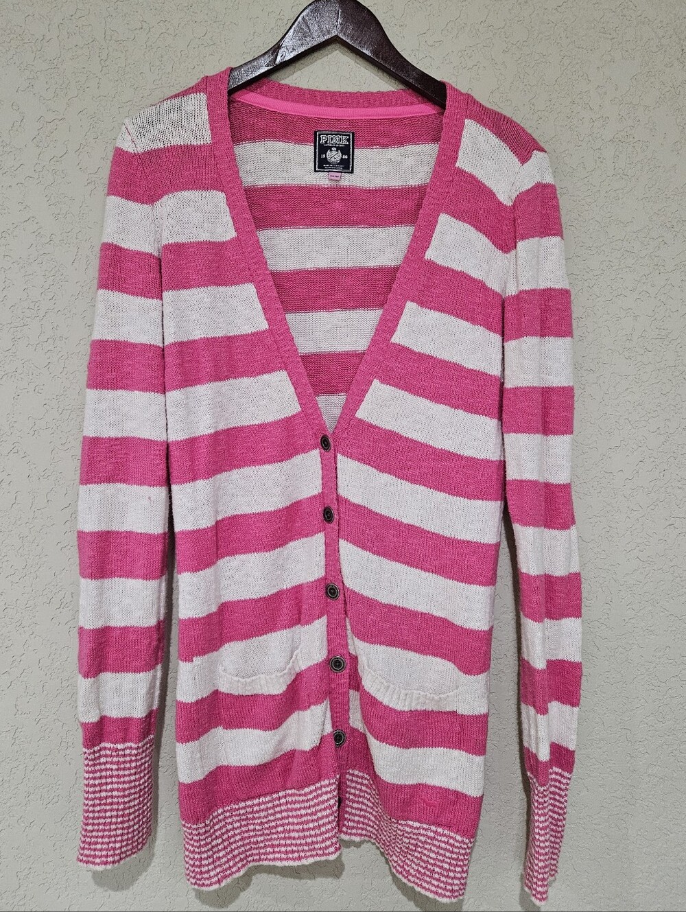 Vintage PINK Victoria's Secret Striped V-Neck Button Long Cardigan Medium M